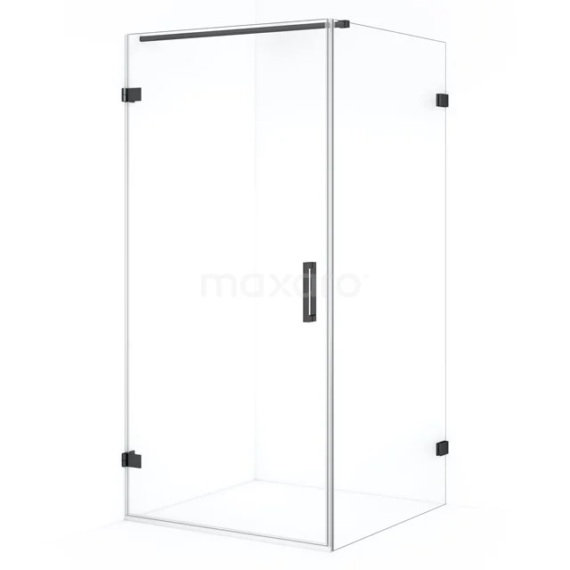 Glass shower enclosure with corner step, transparent safety glass, black fittings, sleek design for modern bathrooms.