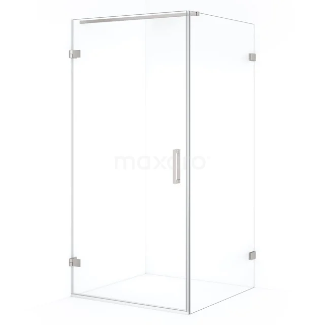 Clear glass corner shower cabin with hinged door, silver accents, minimalist design. Perfect for a modern bathroom.