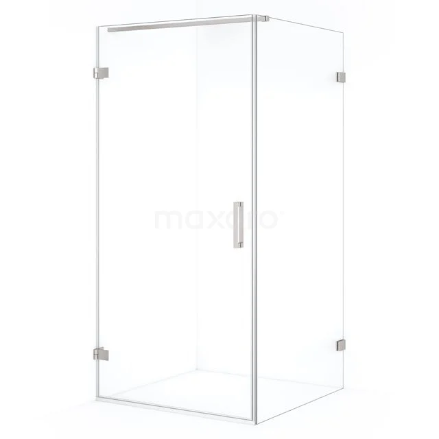 Clear glass corner shower cabin with hinged door, silver accents, minimalist design. Perfect for a modern bathroom.