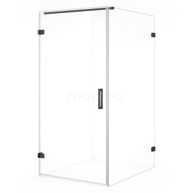 Corner shower enclosure with clear glass panels and black accents, ideal for a modern bathroom.