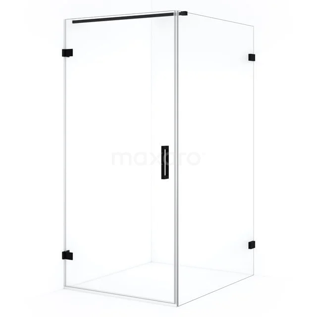 Glas Duschkabine mit Schwarz metallischen Akzenten, quadratisches Design, ideal für eine moderne Badezimmergestaltung.