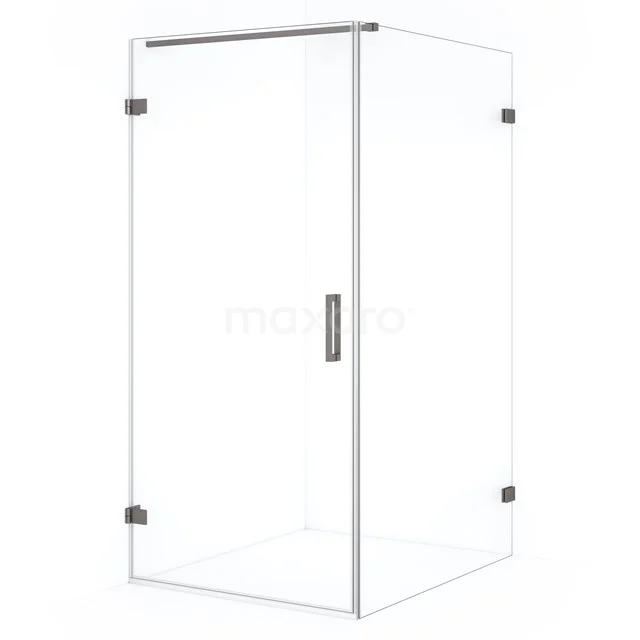 Glass corner shower cabin with frameless construction, straight lines and chrome hinges, perfect for a modern bathroom style.