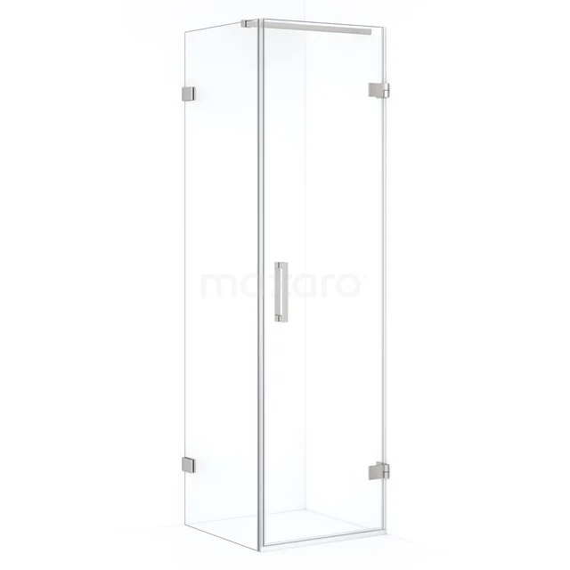 Glass shower enclosure with corner design, silver details and sleek handle, perfect for a modern bathroom style.