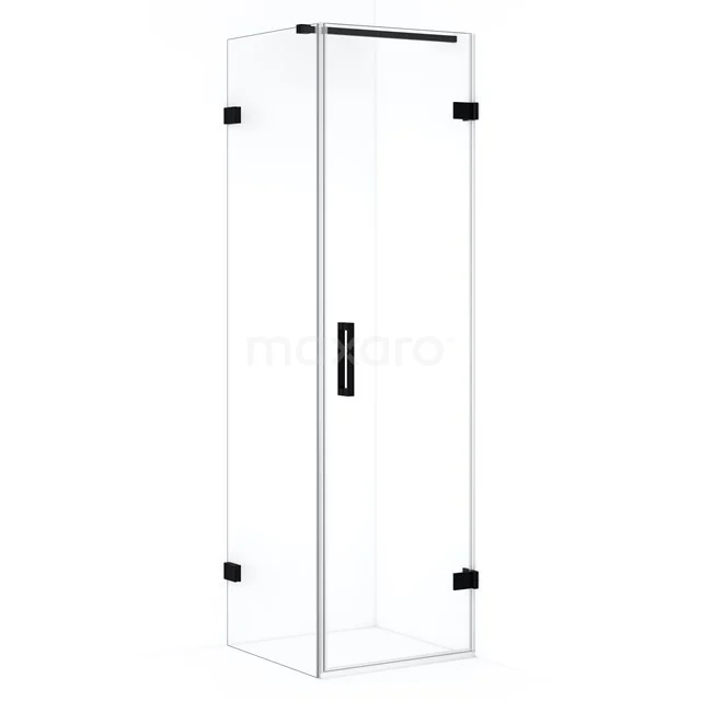 Shower enclosure square clear glass with black fittings, modern design suitable for any bathroom style.
