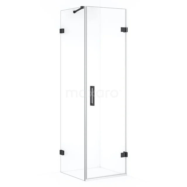 Glass shower enclosure with corner step, clear glass safety glass and black hinges, modern design for a stylish bathroom.
