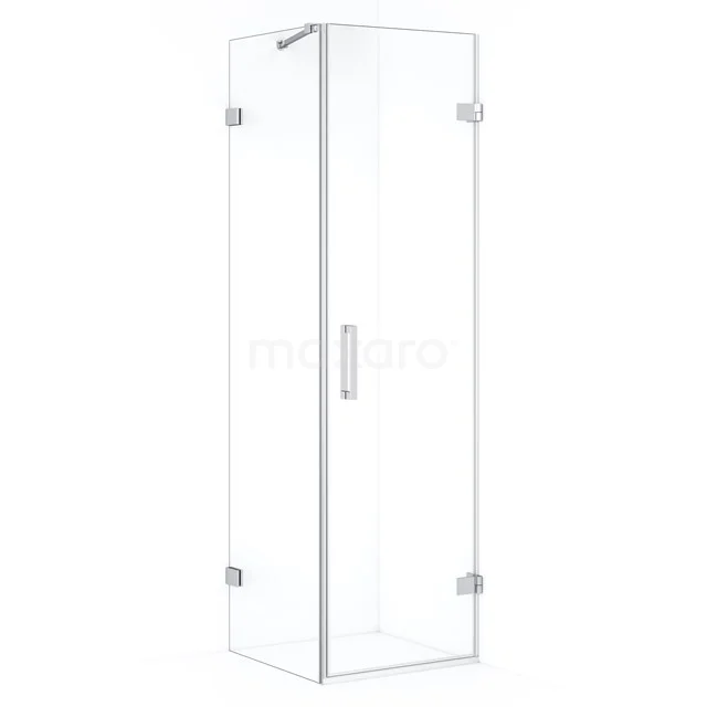 Glaseneck-Duschkabine mit klarem Bildschirm, minimalistisches Design und metallischen Scharnieren, ideal für moderne Bäder.