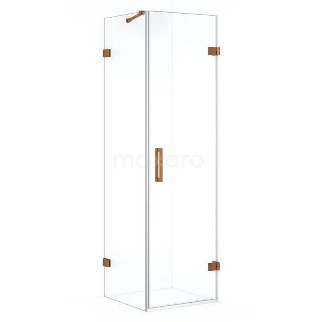 Glass shower enclosure with copper-coloured hinges and Handle, sleek design for modern bathrooms.
