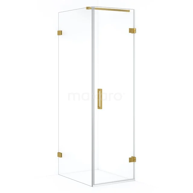 Glasene Duschkabine mit Messingakzenten, straffes Design und modernem Badezimmerinterieur.