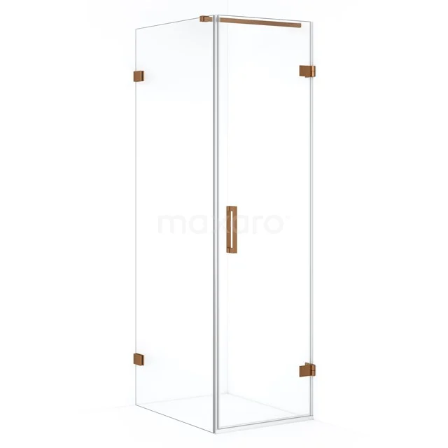 Shower enclosure with corner step, clear glass and brass hinges, modern design perfect for any stylish bathroom.