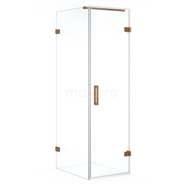 Shower enclosure with corner step, clear glass and brass hinges, modern design perfect for any stylish bathroom.