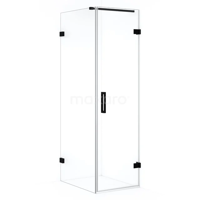 Corner shower cabin with sleek glass walls, black hinges and minimalist design, perfect for modern bathrooms.