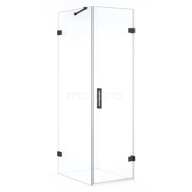 Glas Duschkabine mit Eckeinstieg, klarem Sicherheitsglas und schwarzen Metallscharnieren, ideal für moderne Bäder.