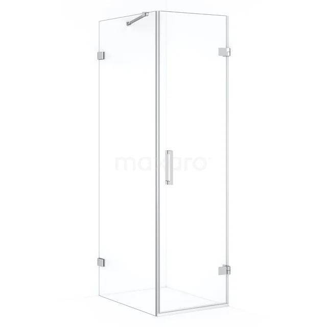 Glass shower enclosure with corner design, transparent, hinged doors and minimalist white frame, suitable for modern bathrooms.