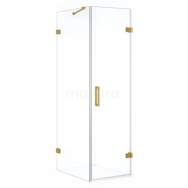 Glas Duschkabine mit gold Scharnieren, quadratisches Design, geeignet als luxuriöse Ergänzung in einem modernen Badezimmer.