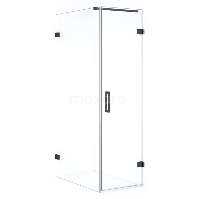 Clear glass shower enclosure with black hinges and Handle, modern design for a stylish bathroom.