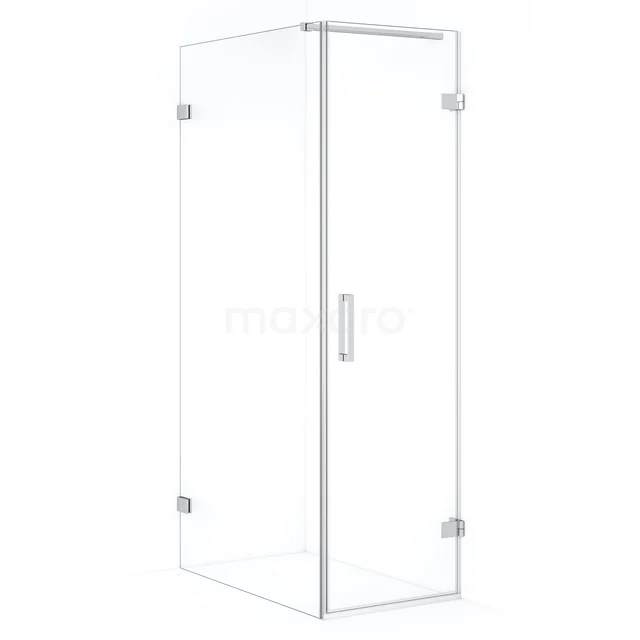 Glas Duschkabine mit Eckdesign, Klarglas und metallischen Scharnieren, ideal für ein modernes Badezimmer.