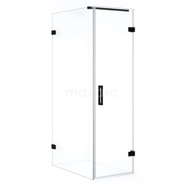 Glass shower enclosure with corner step, clear glass and black metal details, ideal for a modern bathroom.