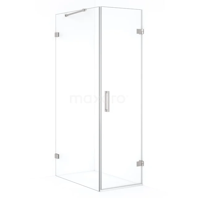 Glass shower enclosure with sleek metal hinges, straight design and clear corner shape, ideal for a modern bathroom.