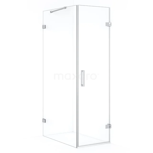 Shower enclosure made of clear glass with silver hinges, modern corner shape, ideal for stylish bathroom design.