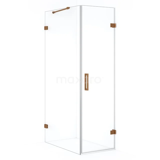 Shower enclosure in glass with copper-coloured hinges and Handle, sleek design ideal for a modern bathroom.