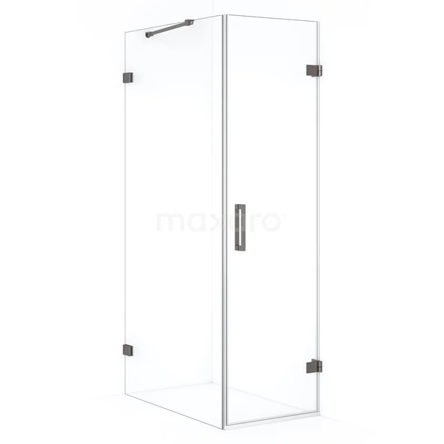 Glass shower enclosure with corner entry, sleek design, clear glass doors and black hinges for modern bathrooms.
