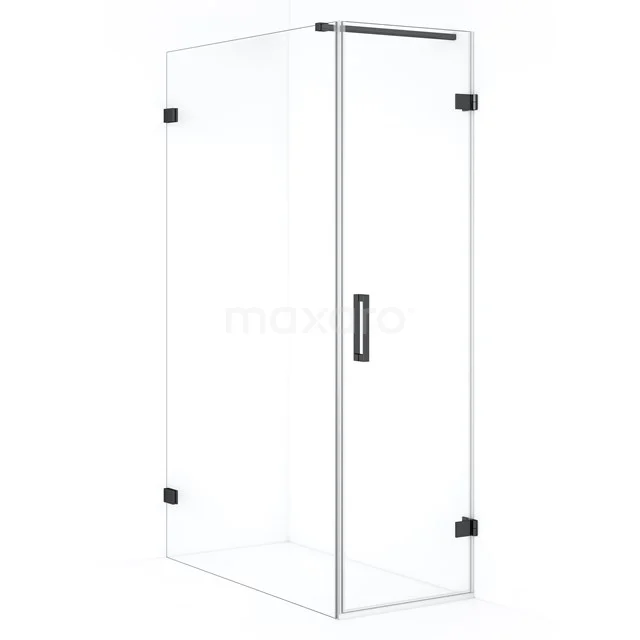 Moderne glazen douchecabine met vierkante vorm, metalen scharnieren en deur, perfect voor een stijlvolle badkamer.