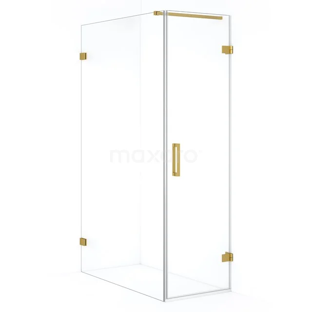 Glazen douchecabine met gouden accenten, strak design voor moderne badkamers, ideaal voor luxe en ruimtebesparende inrichting.
