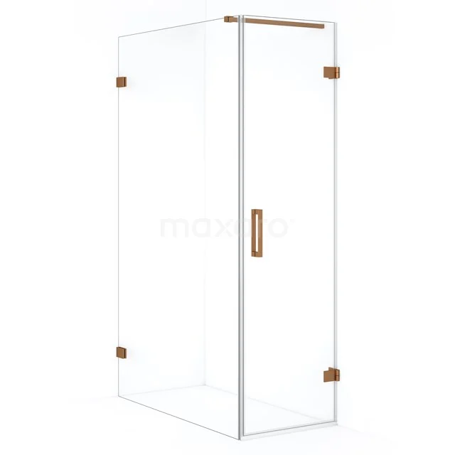 Glazen douchecabine met goudkleurige details, luxe afwerking, strak ontwerp, ideaal voor een moderne badkamer.