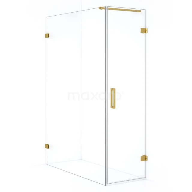 Glass shower enclosure with gold details, sleek design, ideal for modern bathrooms.
