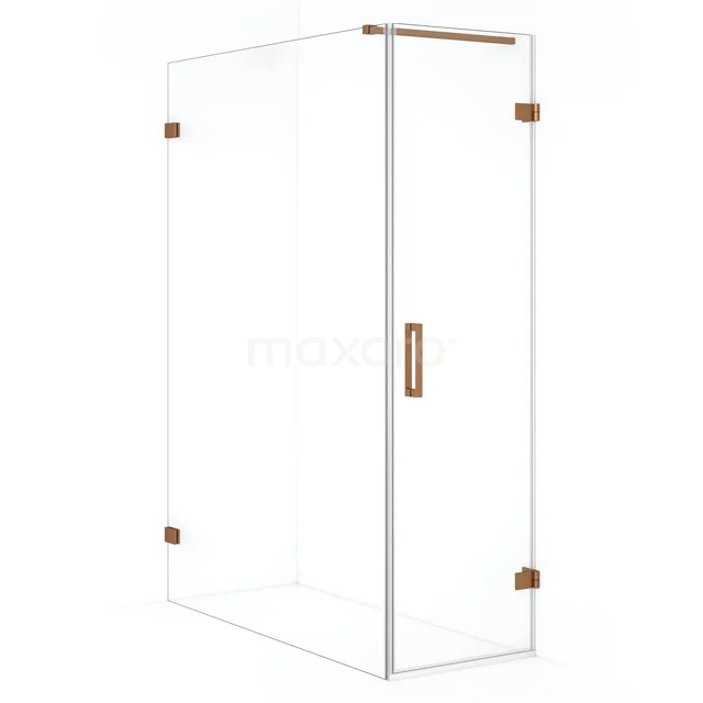 Glazen douchecabine met bronskleurige accenten, strakke hoeken en doorzichtig design, ideaal voor een moderne badkamer.