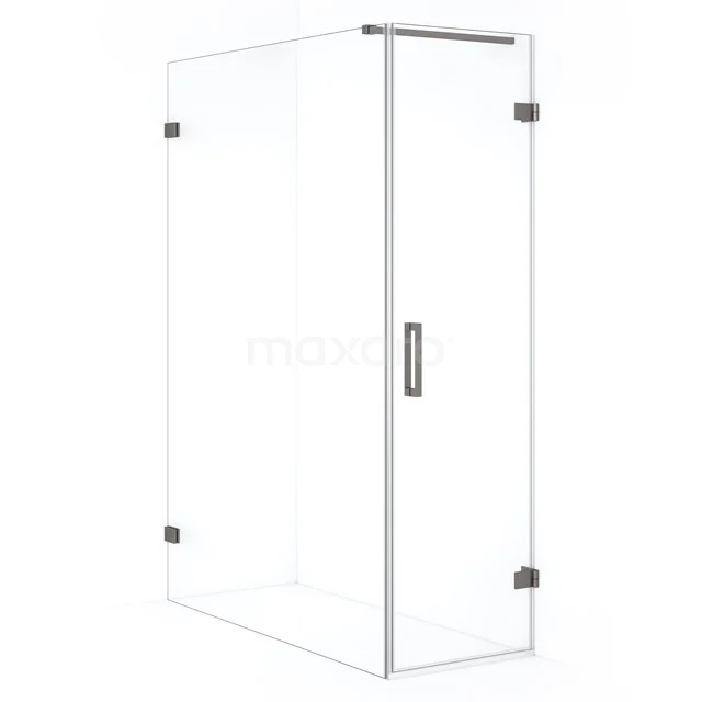 Glass shower enclosure with chrome hinges and handle, modern design for luxurious bathroom decor.