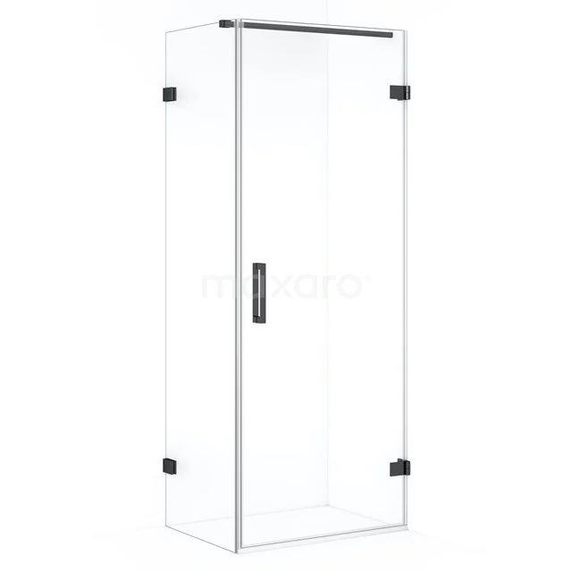 Glass shower enclosure with chrome hinges and black handle, rectangular design, ideal for modern bathrooms.