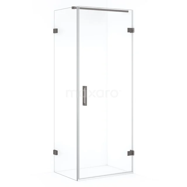 Glass shower enclosure with chrome accents, square shape, featuring sleek design and sturdy safety glass.