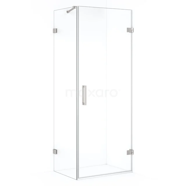 Glass shower enclosure with square shape, translucent glass and metal handle, ideal for a modern bathroom.