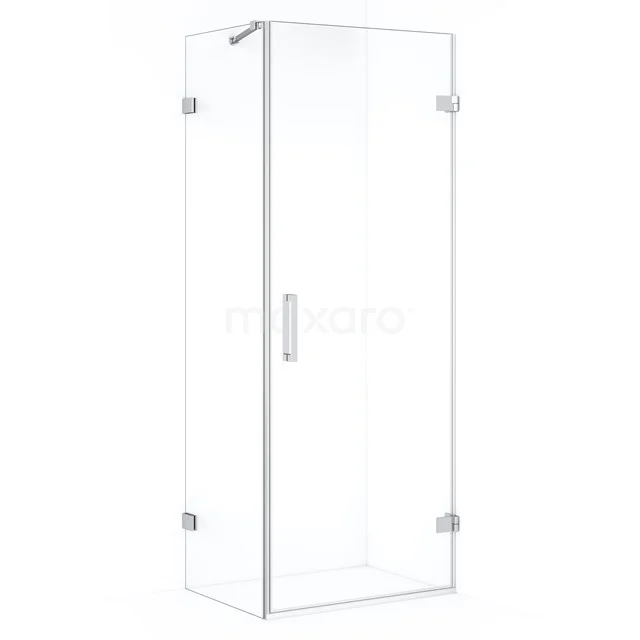 Clear glass shower enclosure with corner design, stainless steel fittings and sleek minimalist frame, ideal for a modern bathroom.