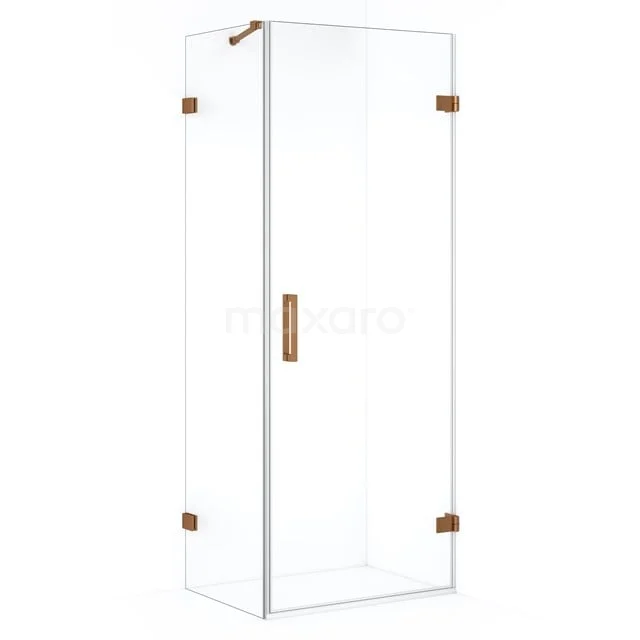 Glas Duschkabine mit kupferfarbenen Details, schlankem Design und platzsparendem Format, ideal für ein modernes Badezimmer.