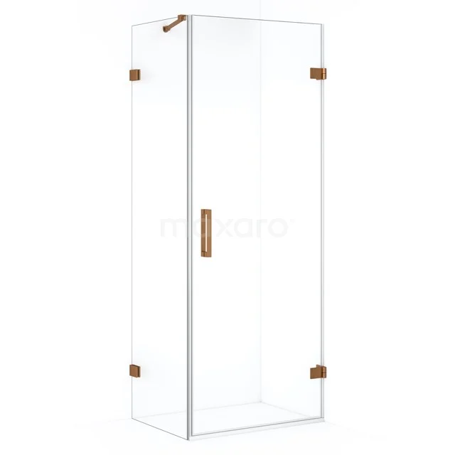 Glass shower enclosure with copper-coloured details, sleek design and space-saving size, ideal for a modern bathroom.