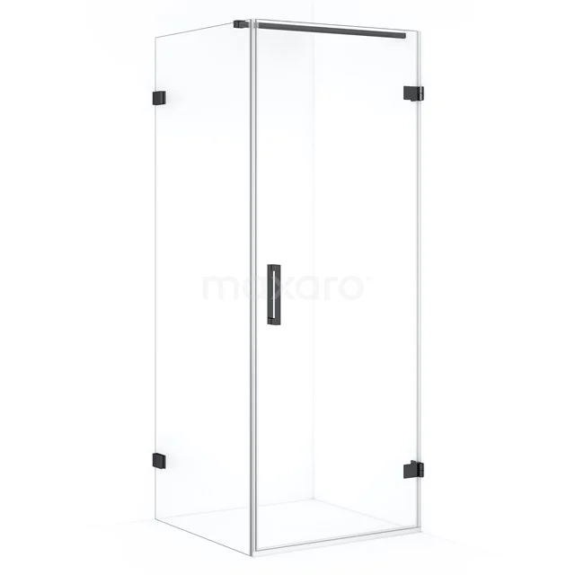 Glass shower enclosure with clear glass safety glass, square design and black hinges, perfect for a modern bathroom.