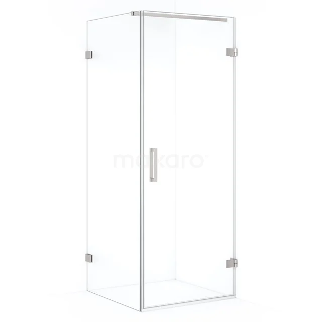 Glass shower enclosure with corner step, transparent design and stainless steel hinges, ideal for a modern bathroom.