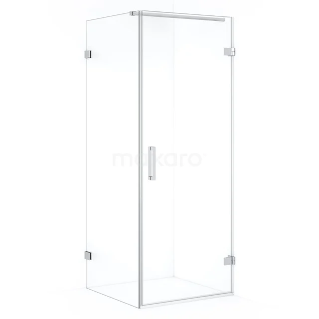 Glass shower enclosure with corner step, clear glass and chrome hinges; a stylish addition to any modern bathroom.