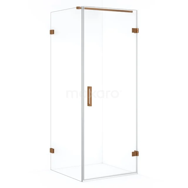 Glass shower enclosure with corner doors, bronze accents and minimalist design, ideal as a stylish bathroom solution.
