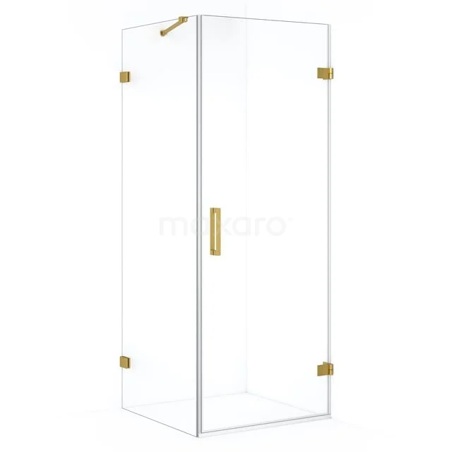 Glass shower enclosure with brass accents and hinges, modern design, ideal for a luxurious bathroom interior.
