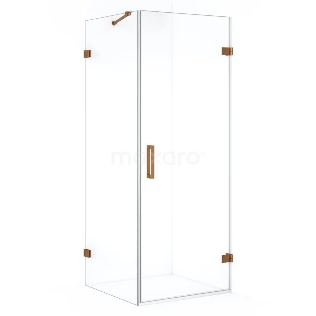 Glass shower enclosure with gold accents, sleek design, ideal for a modern bathroom.