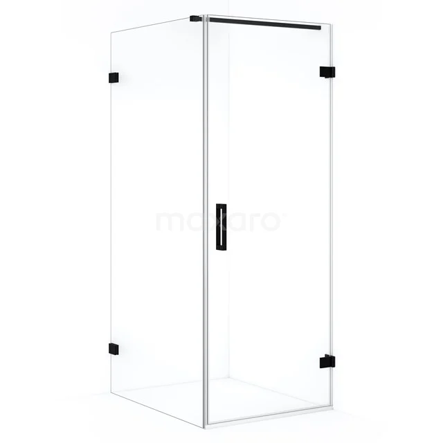 Glass shower enclosure with black metal accents, modern design, ideal for a stylish bathroom.
