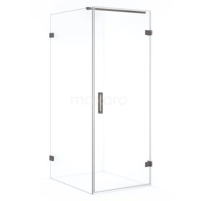 Shower enclosure with clear glass walls, stainless steel hinges and sleek design, ideal for modern bathrooms.