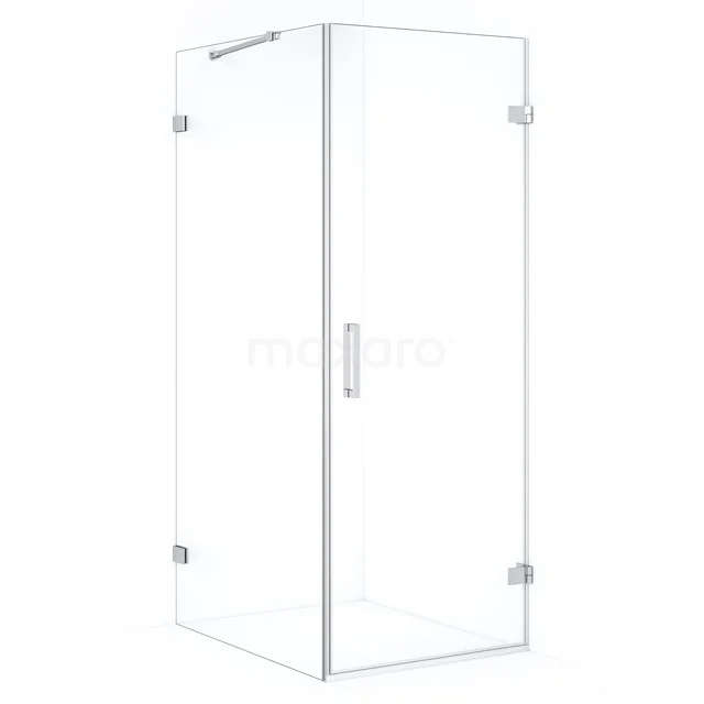 Glass corner shower cabin with minimalist design, transparent walls and chrome hinges; perfect for modern bathrooms.