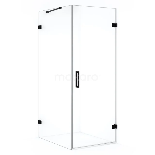 Glass shower enclosure with black metal hinges, rectangular design, ideal for a modern bathroom.