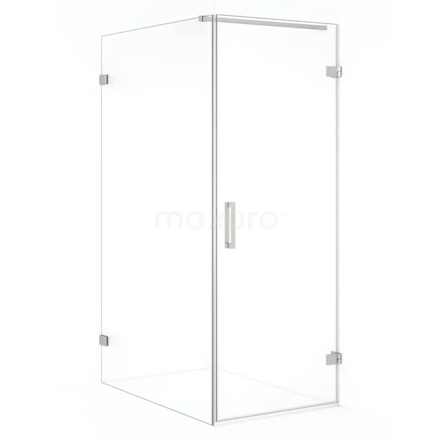 Glass shower enclosure with corner step, clear glass, aluminium fittings and minimalist design for a modern bathroom.