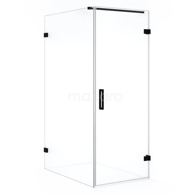 Shower enclosure made of clear glass with black accents, contemporary design, perfect for a modern bathroom.