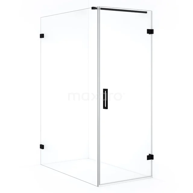 Corner shower cabin with clear glass, black hinges and Handle, modern design for a stylish bathroom.
